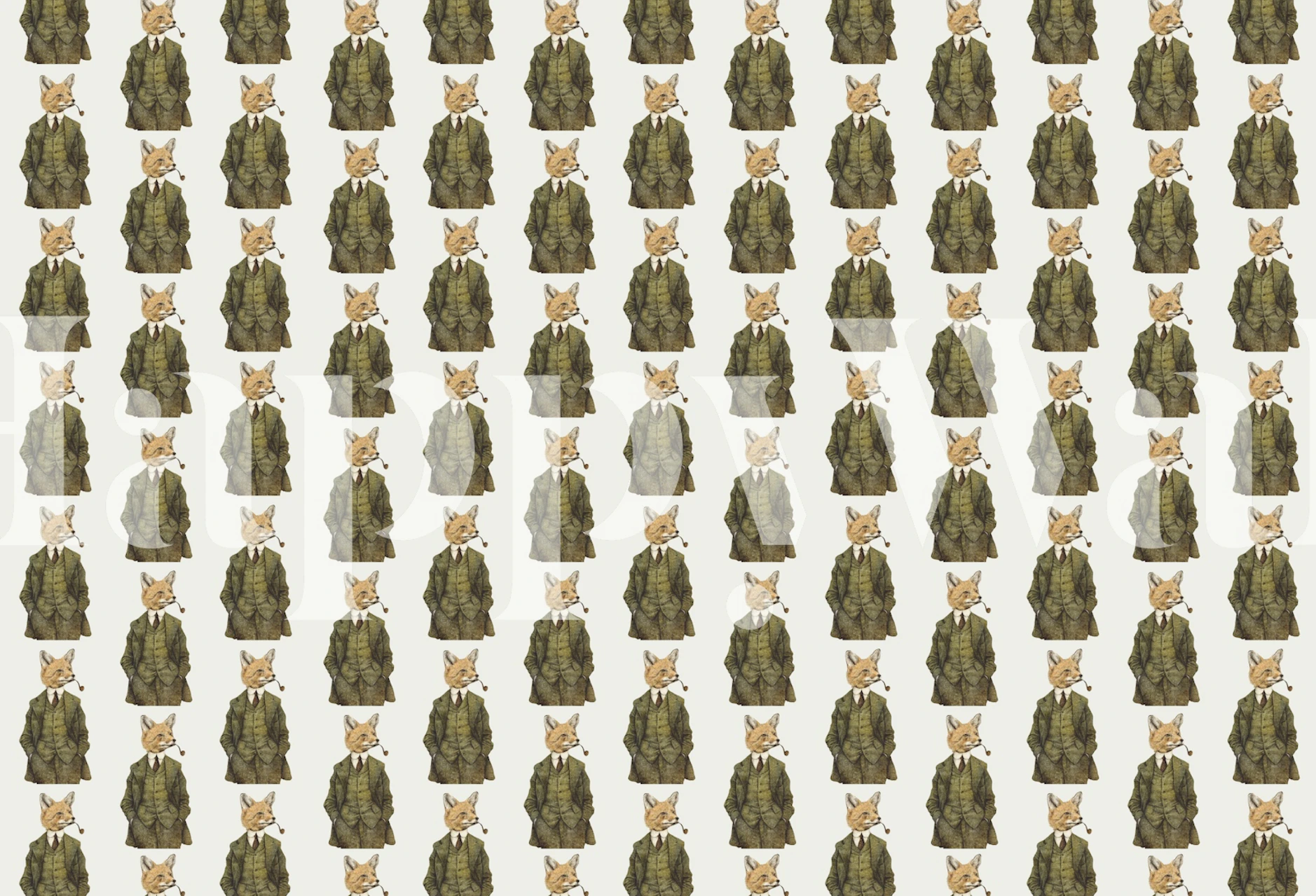 Repeated fox pattern in green coats on a cream background wallpaper