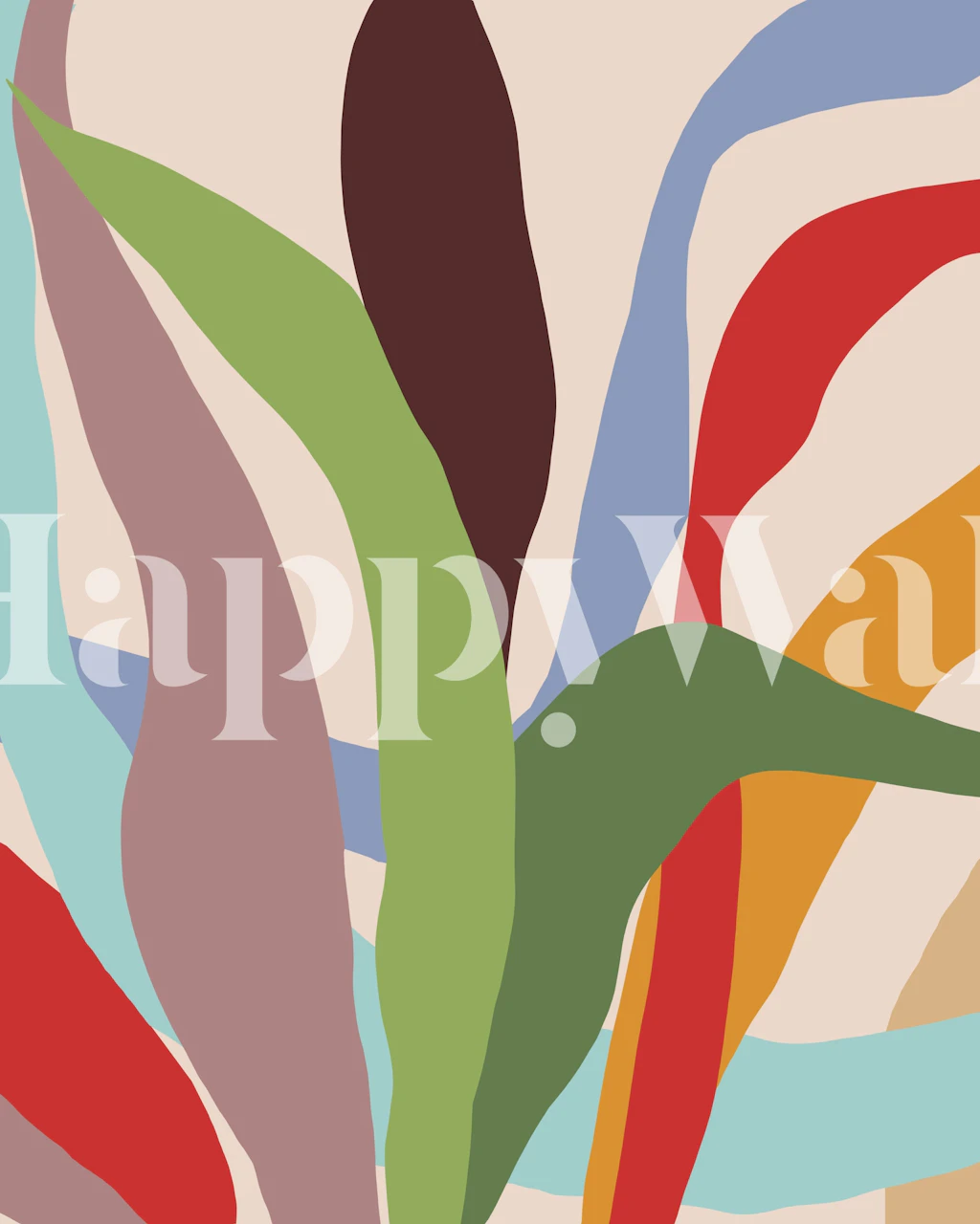 Colorful leaf streaks in green, red, and blue on cream wallpaper