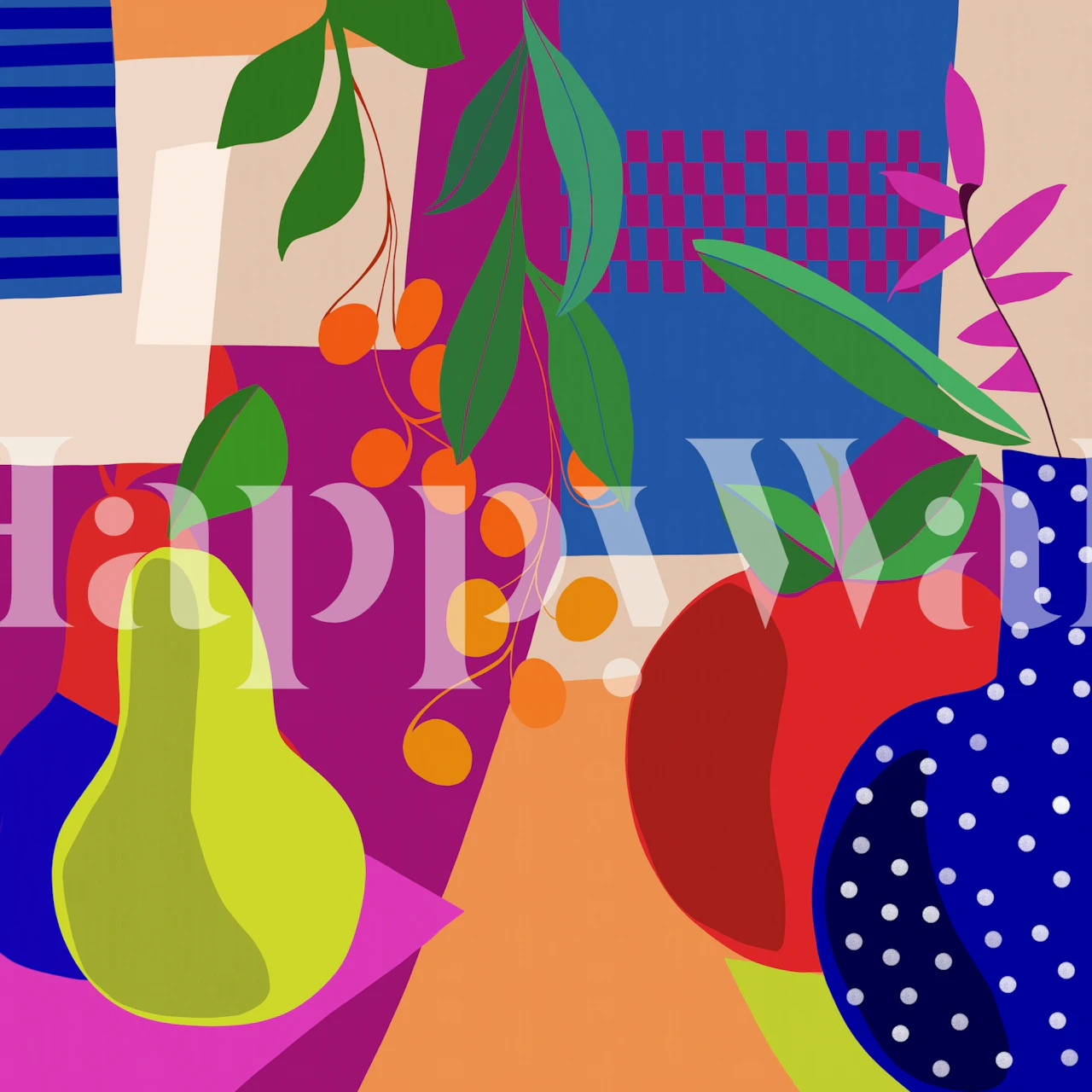 Vibrant fruit harvest wallpaper in a room