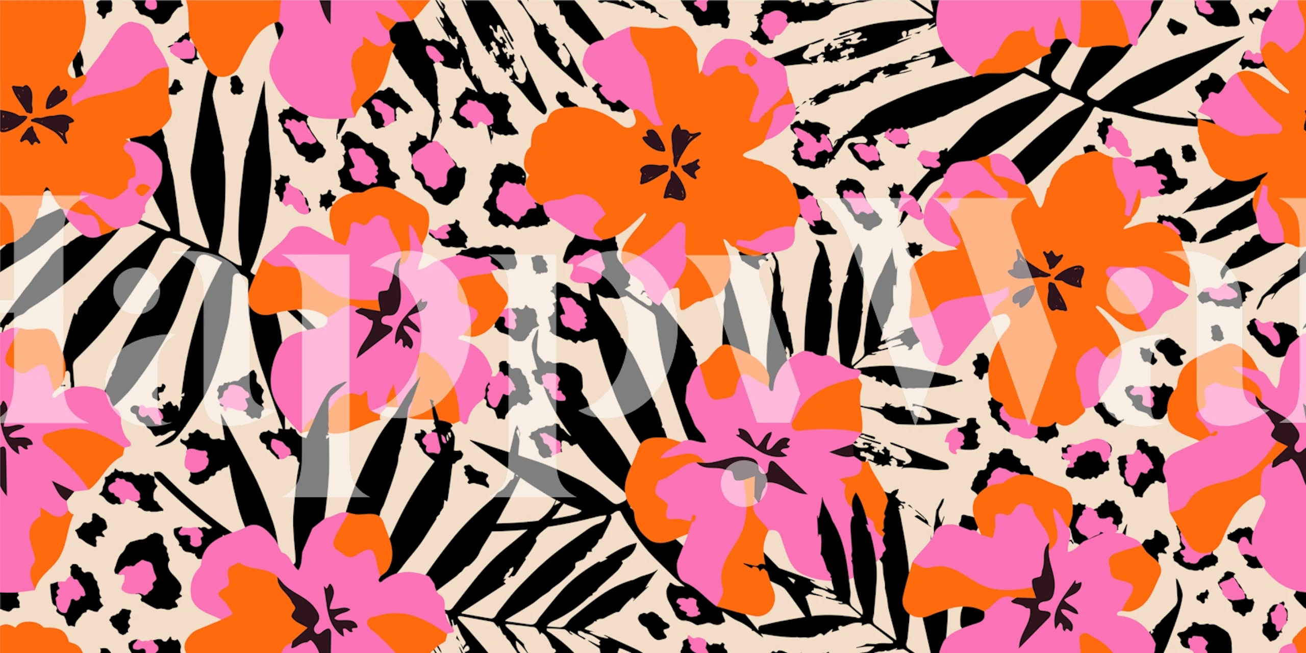 Bold floral and leopard pattern in pink, orange, and black wallpaper