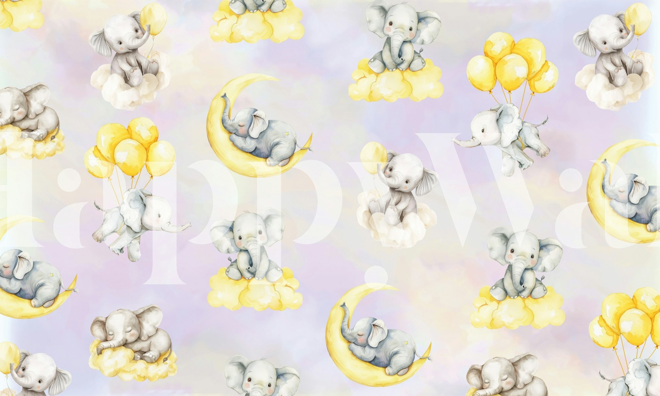 Cute elephants with balloons and clouds in soft colors wallpaper