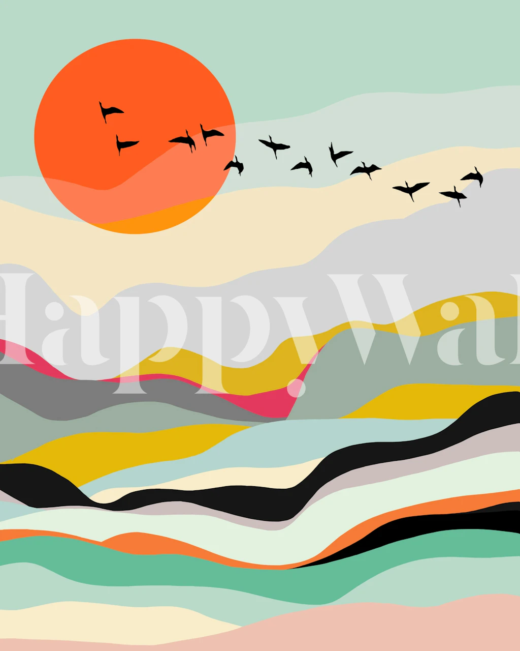 Birds flying over a sunset wallpaper design