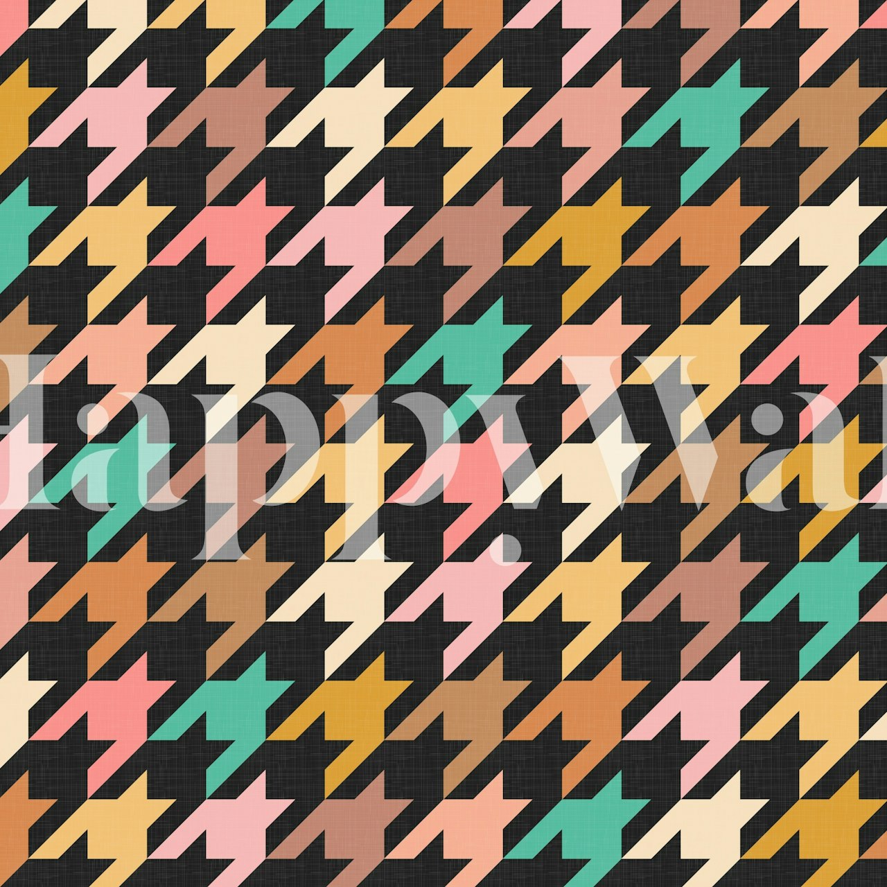 Colorful houndstooth pattern in shades of pink, blue, orange, and cream wallpaper