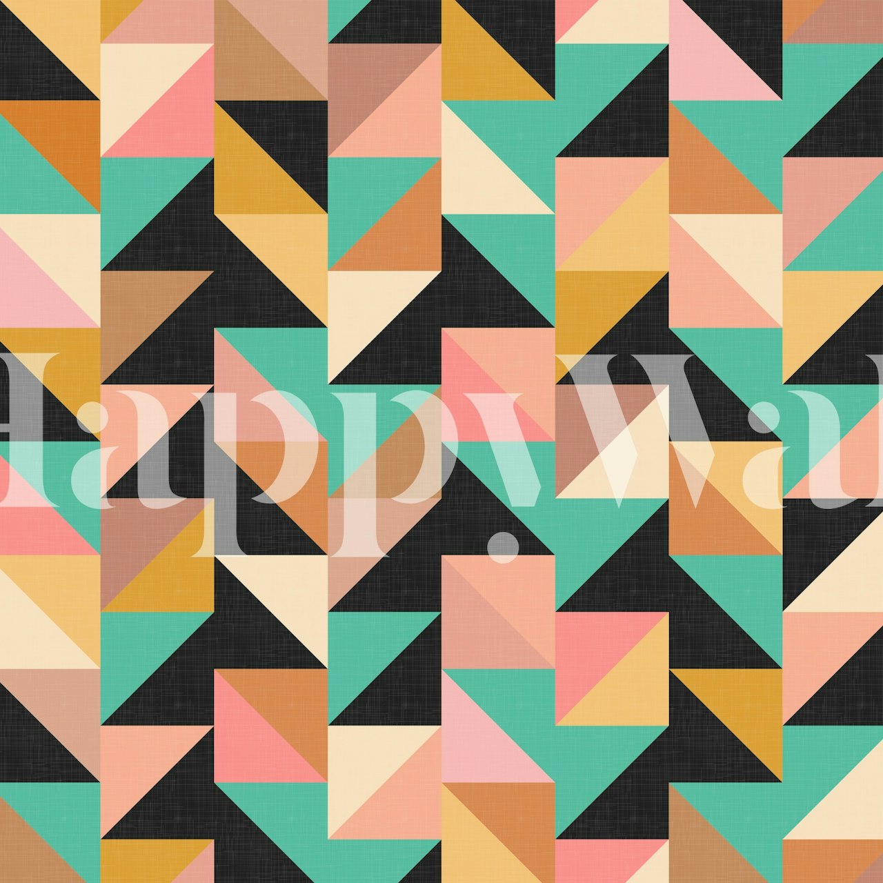 Colorful geometric patterns in teal, peach, and gold wallpaper