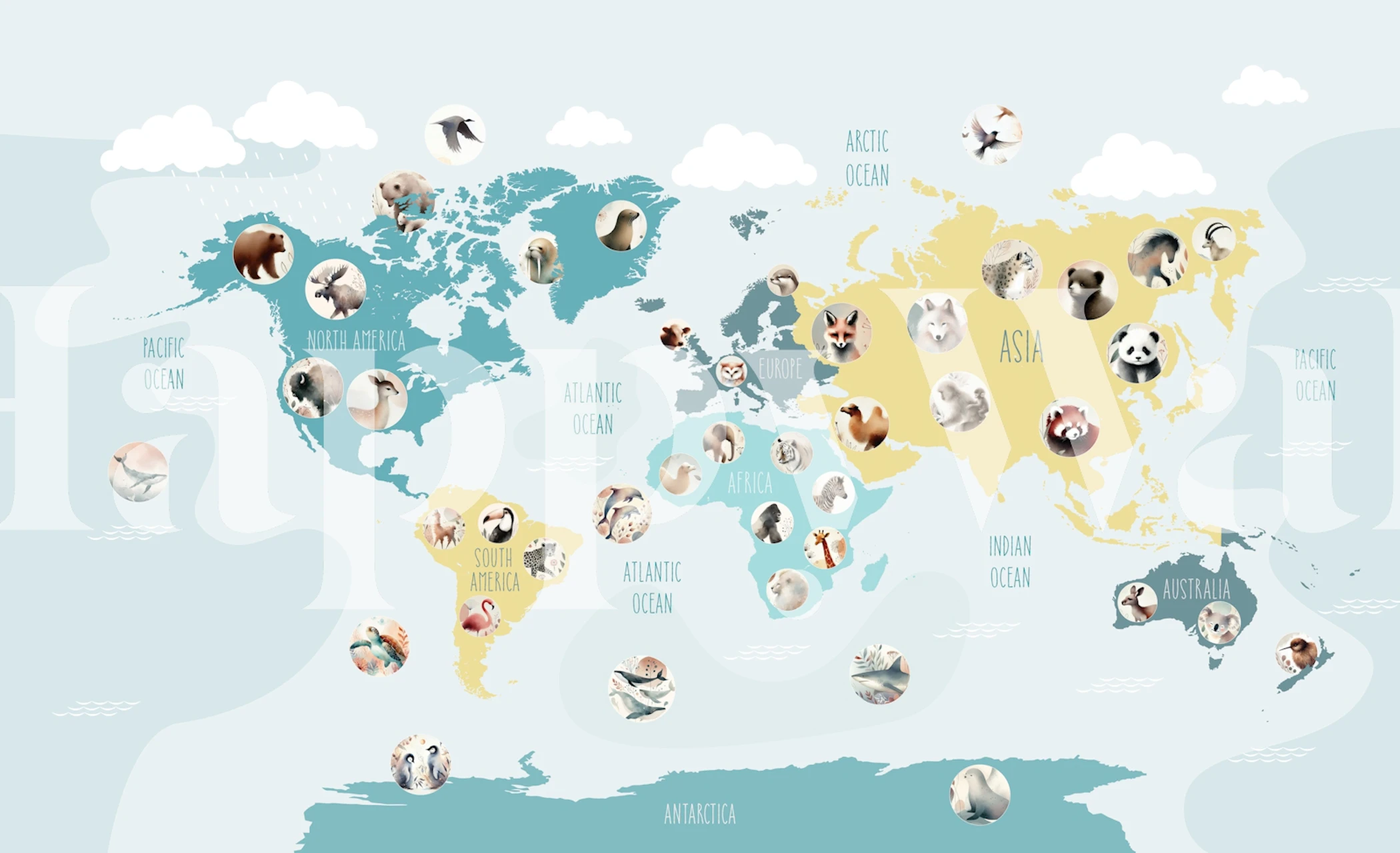 Teal wildlife world map wallpaper in a room.