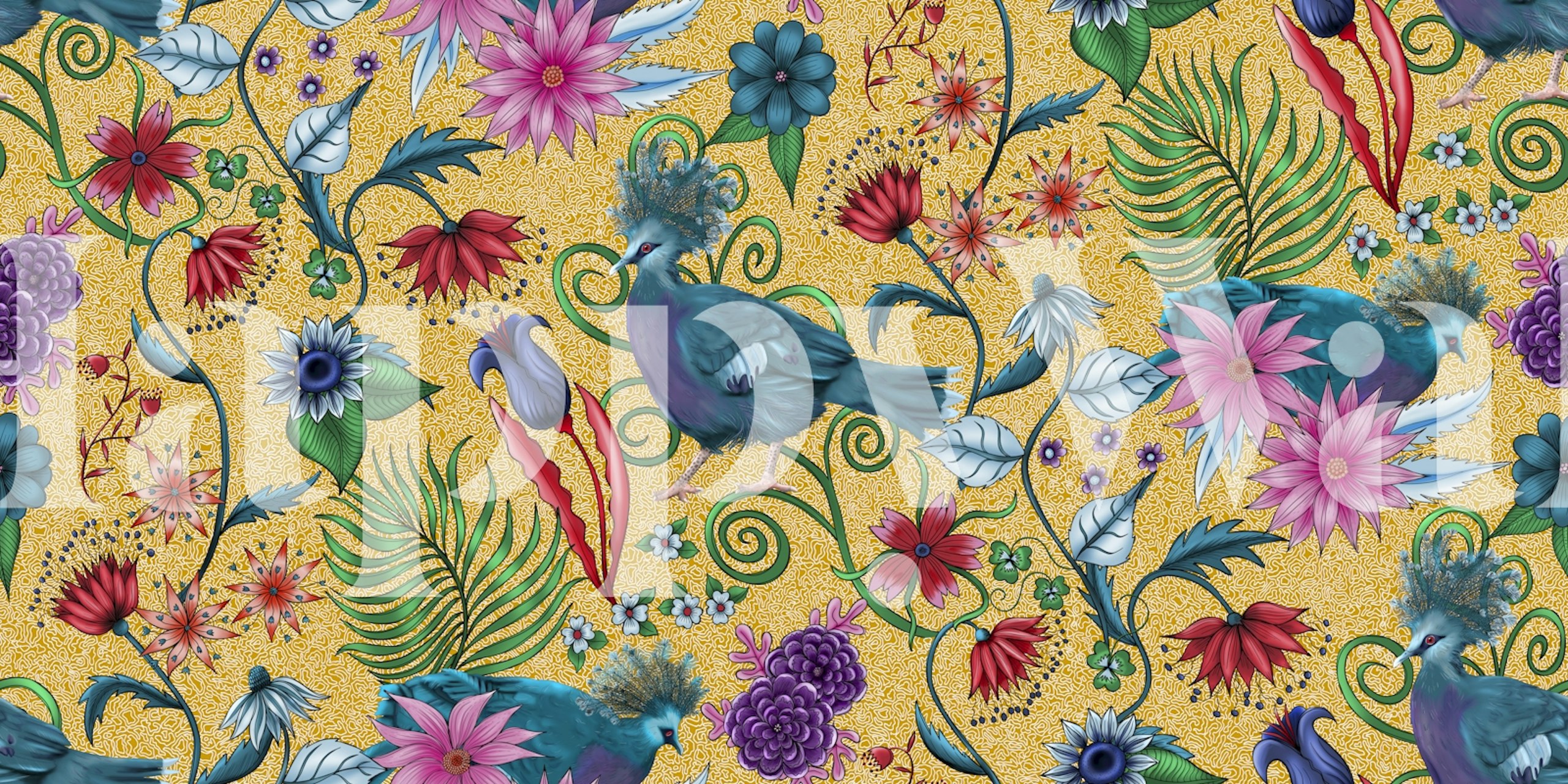 Colorful floral patterns with birds and greenery wallpaper