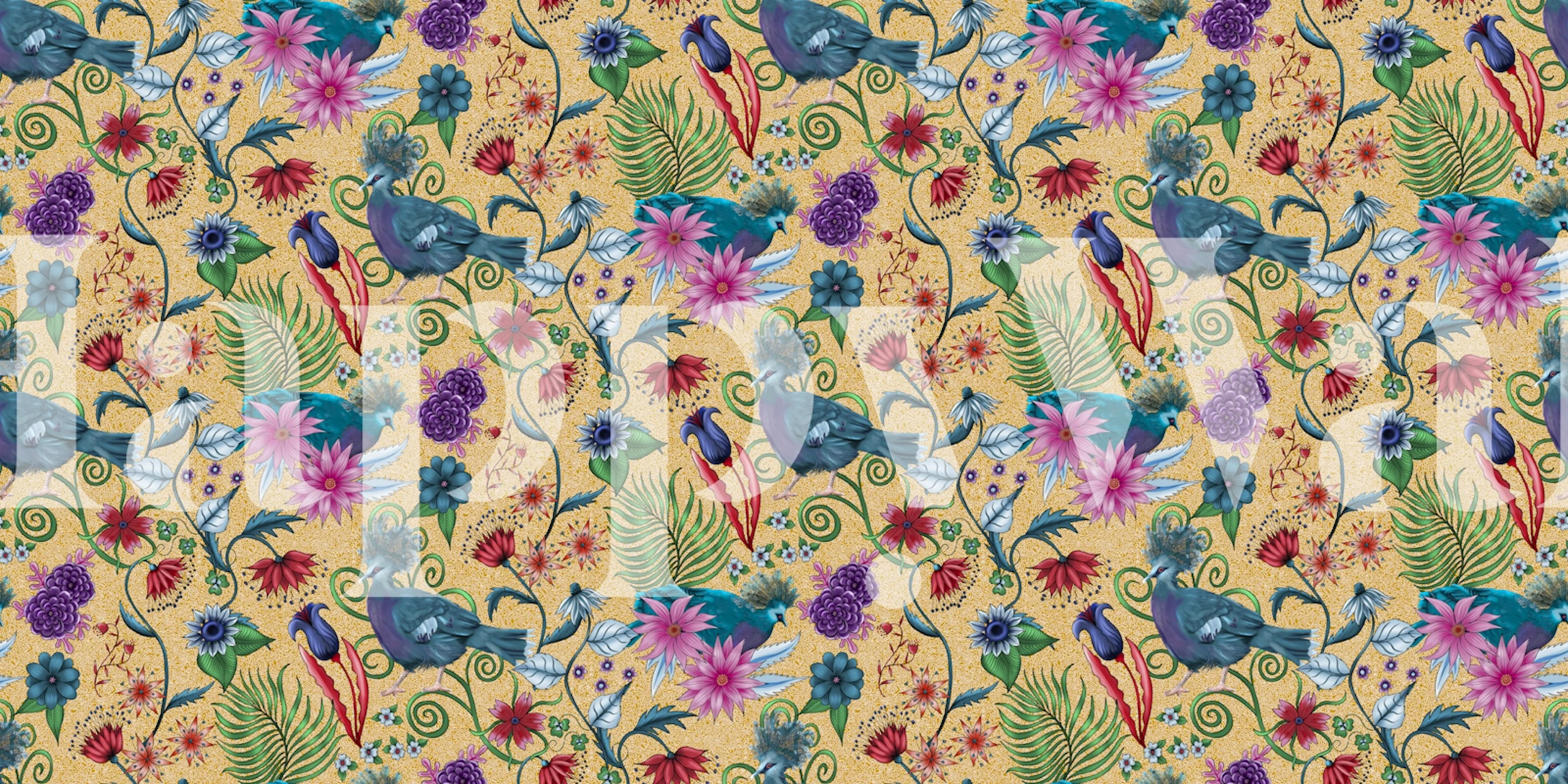 Colorful floral patterns with leaves and birds on yellow wallpaper