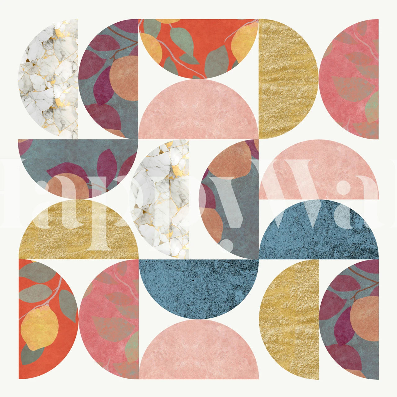 Colorful geometric shapes in pink, blue, yellow, and white wallpaper