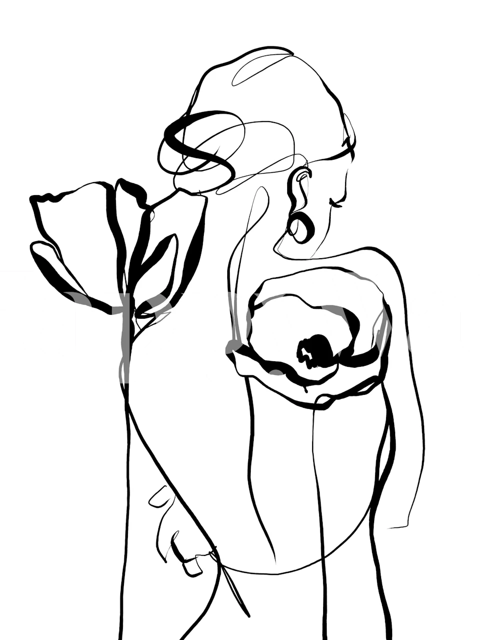 Black and white floral line art wallpaper featuring a figure holding flowers