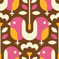 Retro Birds Pattern / Pink Yellow Brown carta da parati