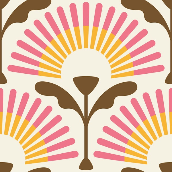 Mid-Century Retro Blossoms Pink Yellow Brown