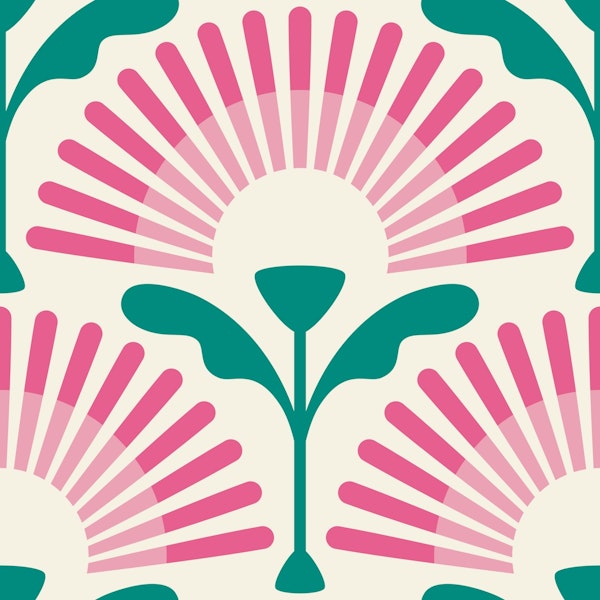 Green Pink Retro Floral Scallops