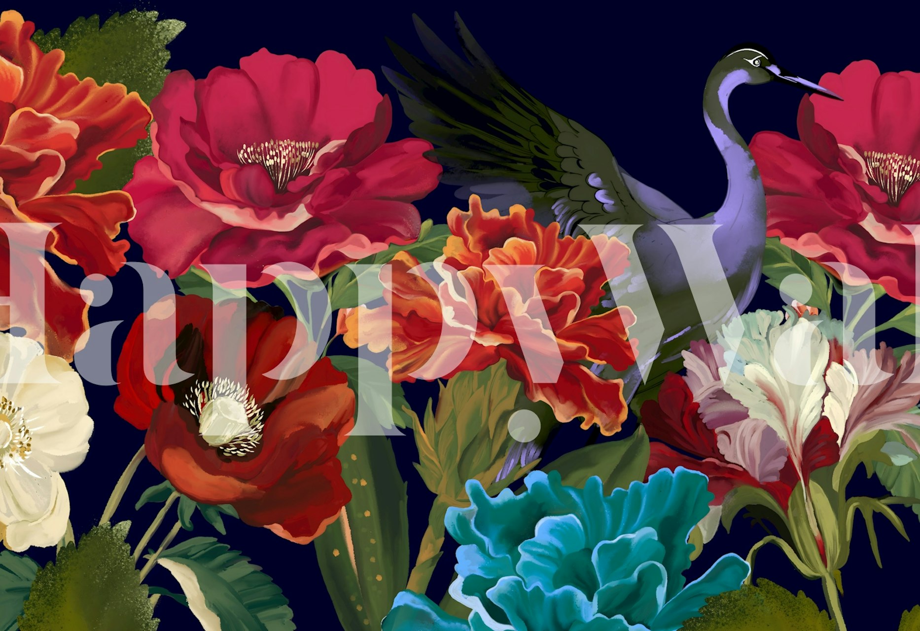 Crane amid colorful floral wallpaper design