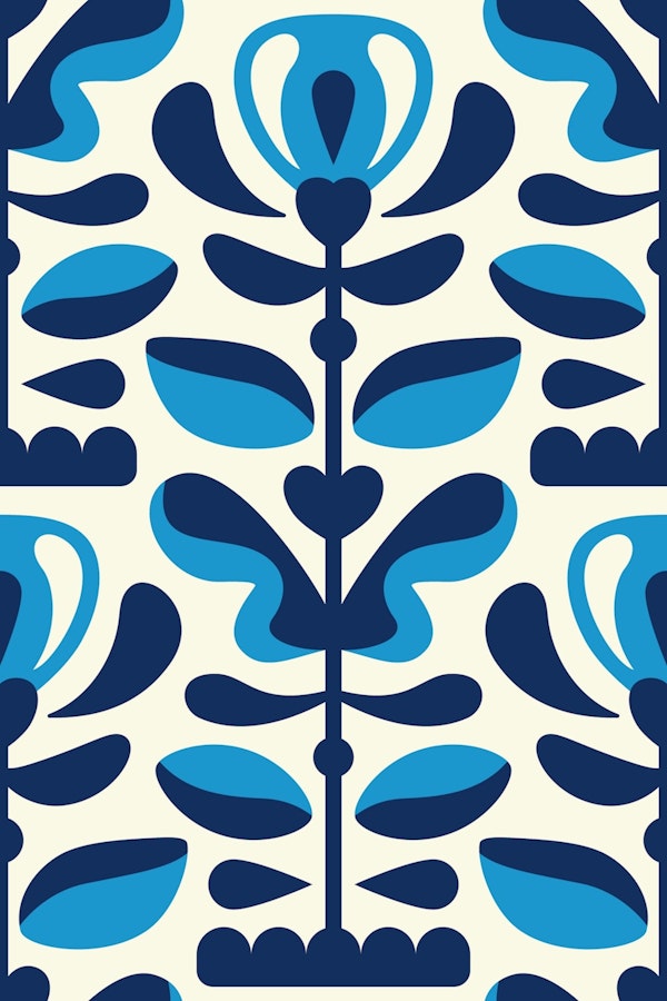 Bold Blue Retro Folk Scandi Blooms