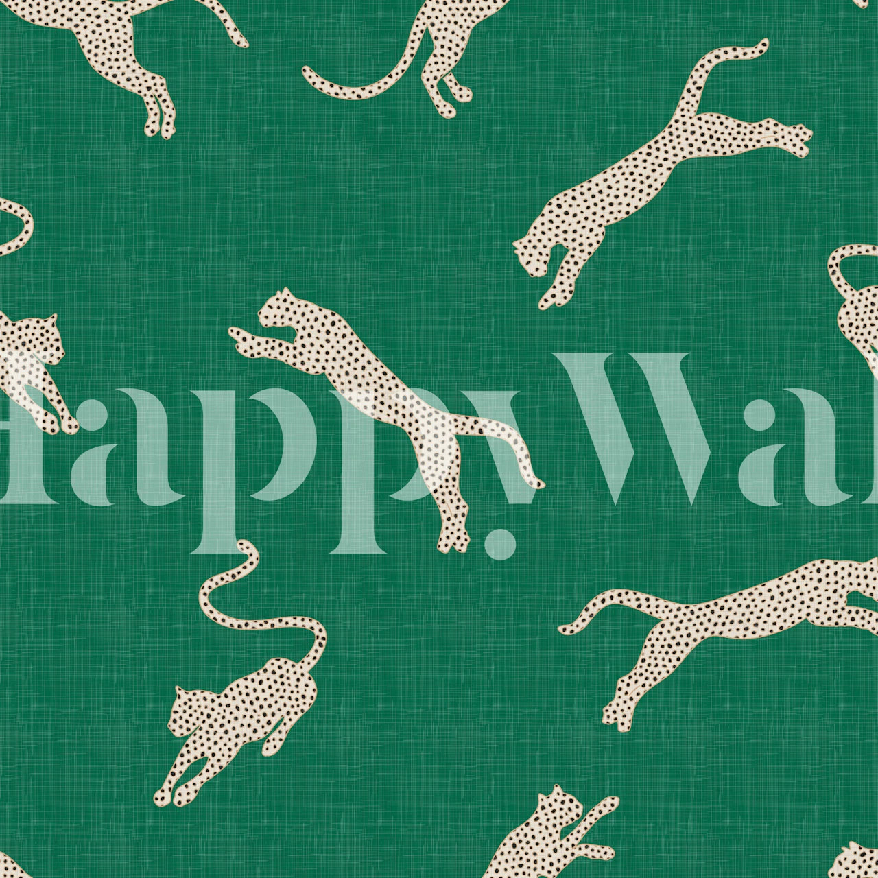 Leopard print pattern in cream on emerald green background wallpaper