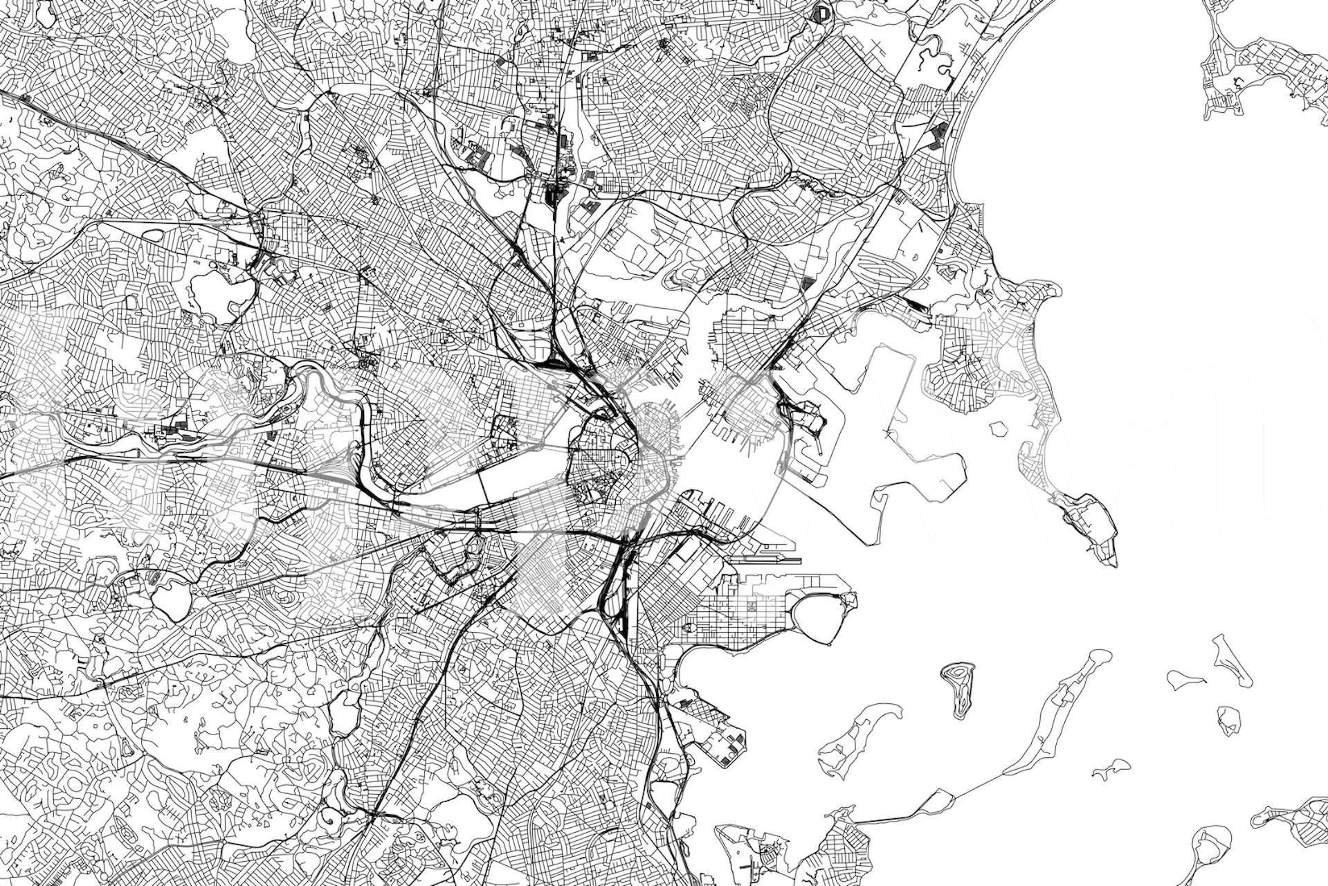 Carte de Boston en noir et blanc, style graphique, wallpaper