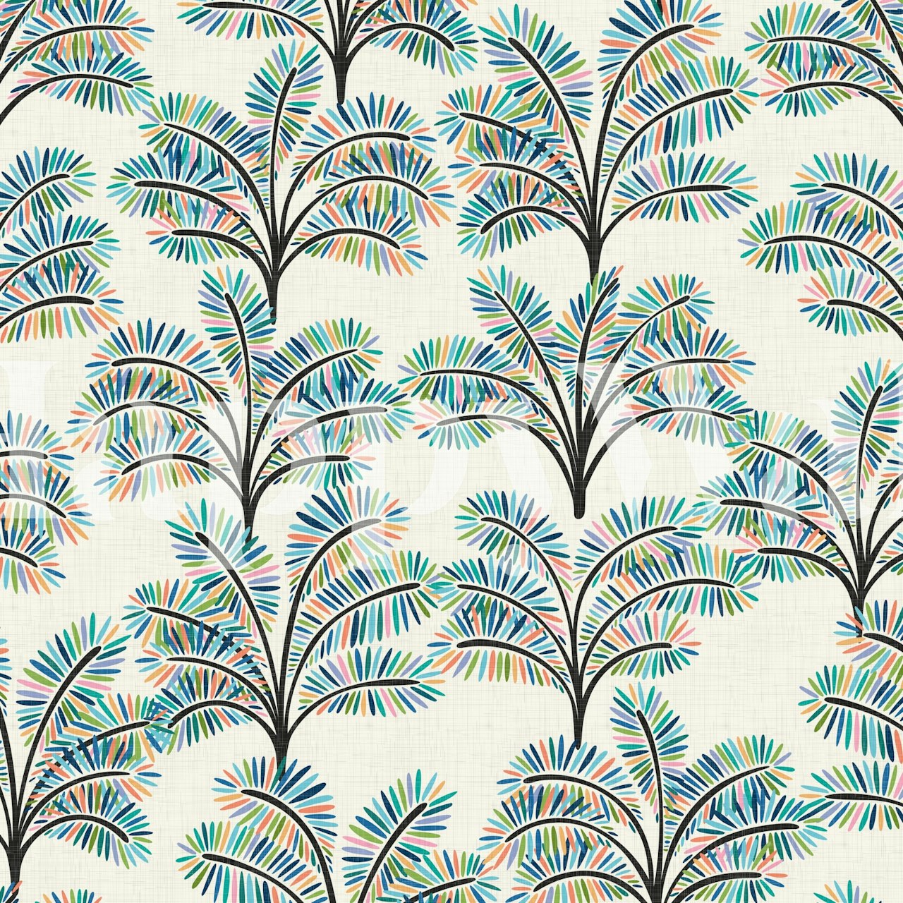 Colorful palm tree pattern with blue, green, and pink leaves wallpaper