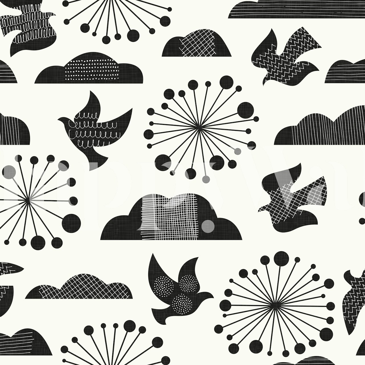 Black and white mid century modern wallpaper with birds and circular designs