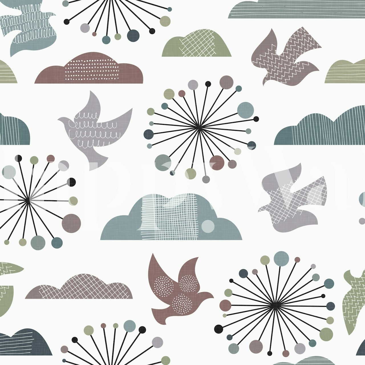 Mid century modern garden pattern with birds and circles wallpaper