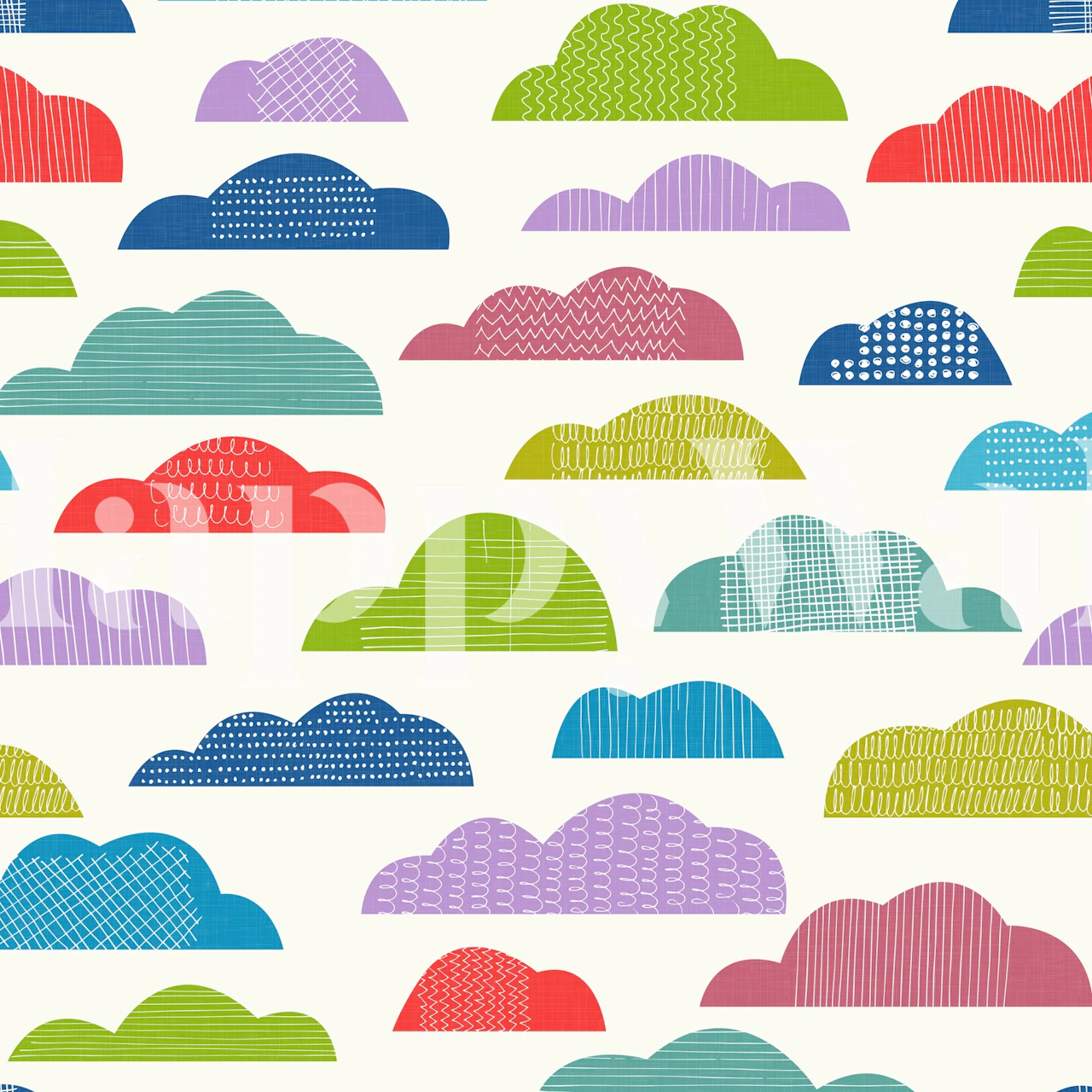 Colorful clouds in various shapes and patterns on off-white wallpaper