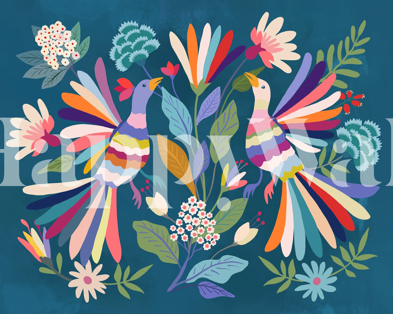 Colorful birds and flowers on blue background wallpaper