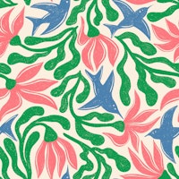 Bright Tropical Blooms and Birds Arty Leaves tapet