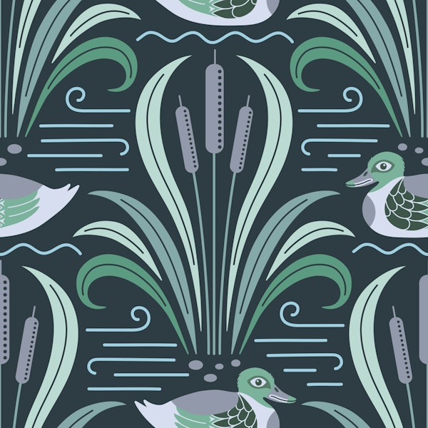 Midnight ducks swimming in a pond green