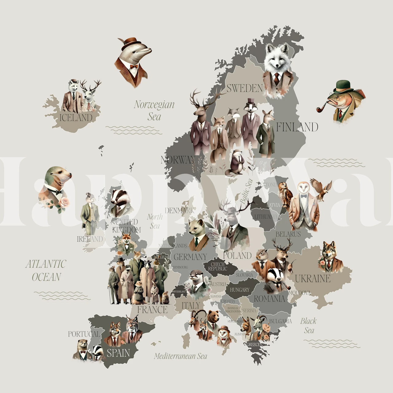 Dapper Animals of Europe wallpaper in a room