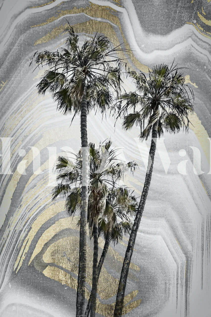 Tropical palm trees on gray and gold abstract background wallpaper