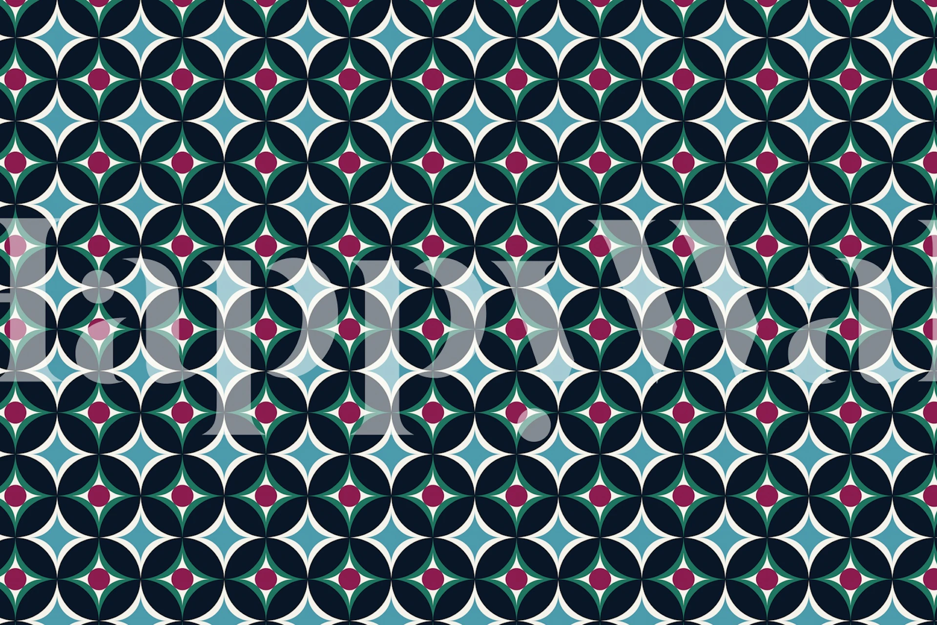 Geometric starburst pattern in dark blue, teal, and burgundy wallpaper