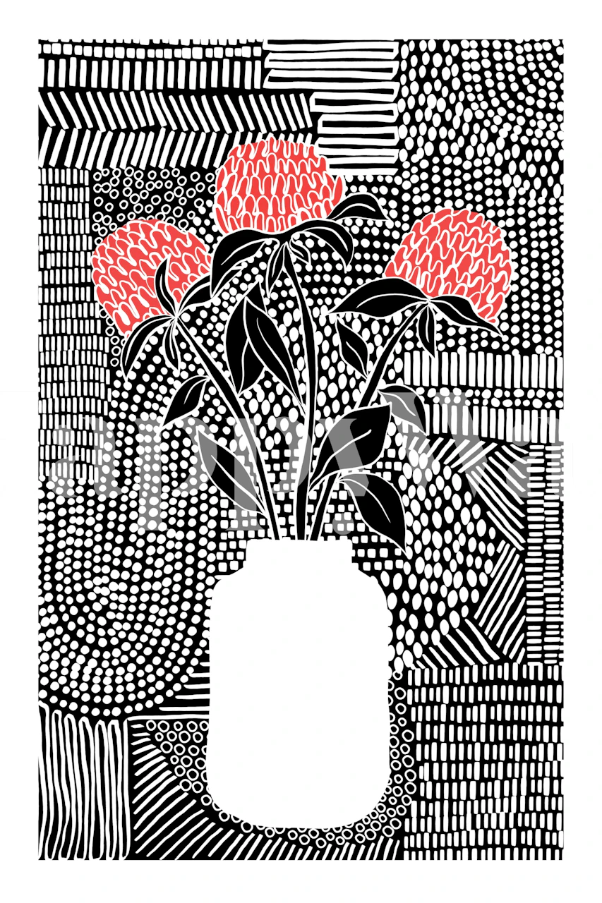 Floral design with red flowers and black and white patterns wallpaper