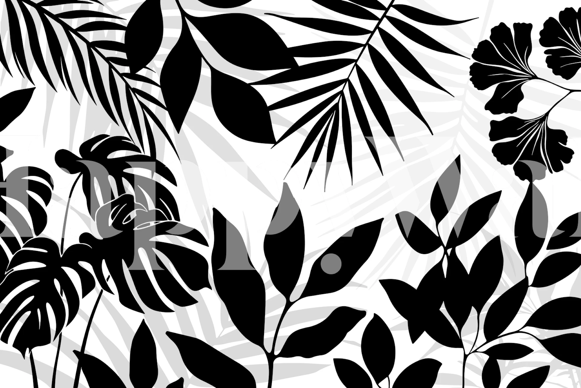 Monochrome Jungle Leaves tapetti huoneessa