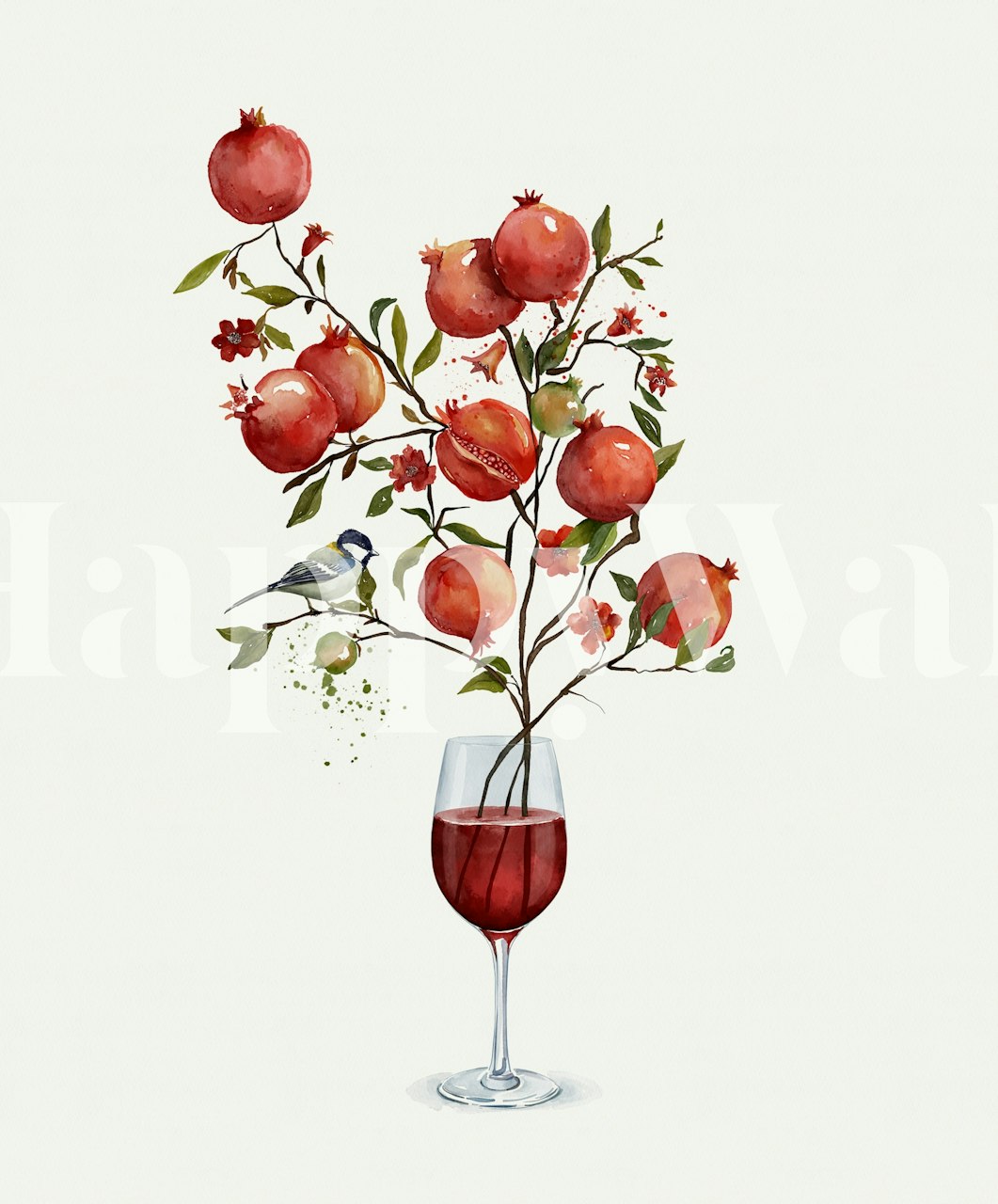 Pomegranate branches with red fruit and a bird in a glass of wine wallpaper