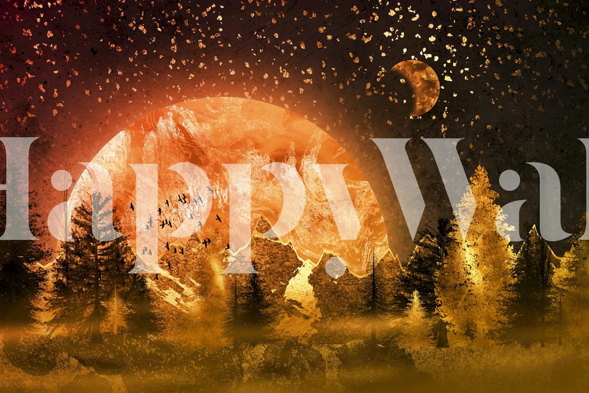 Mountain landscape with orange and gold hues, trees and moon wallpaper