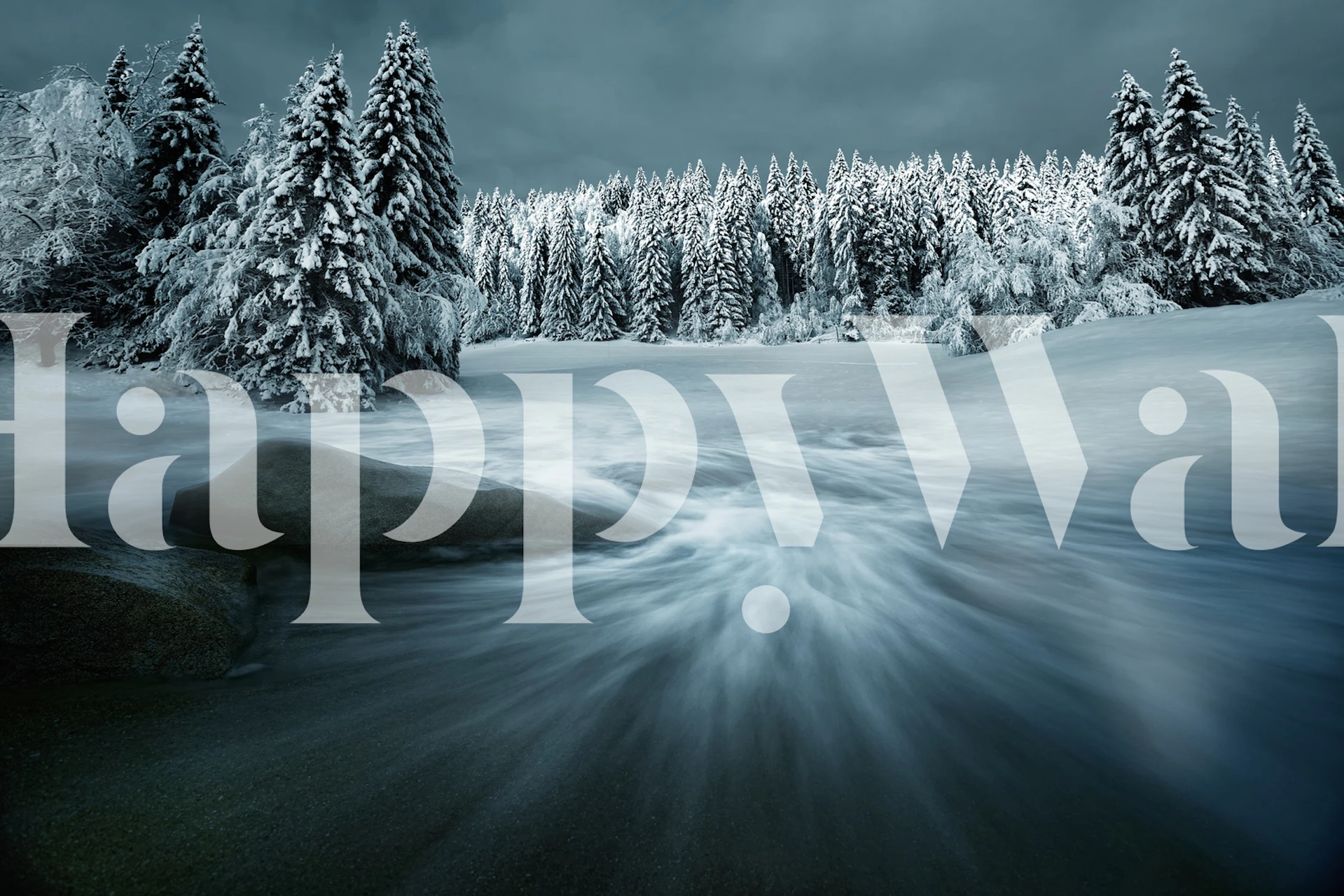 Dreamy wallpaper with snowy trees and stream