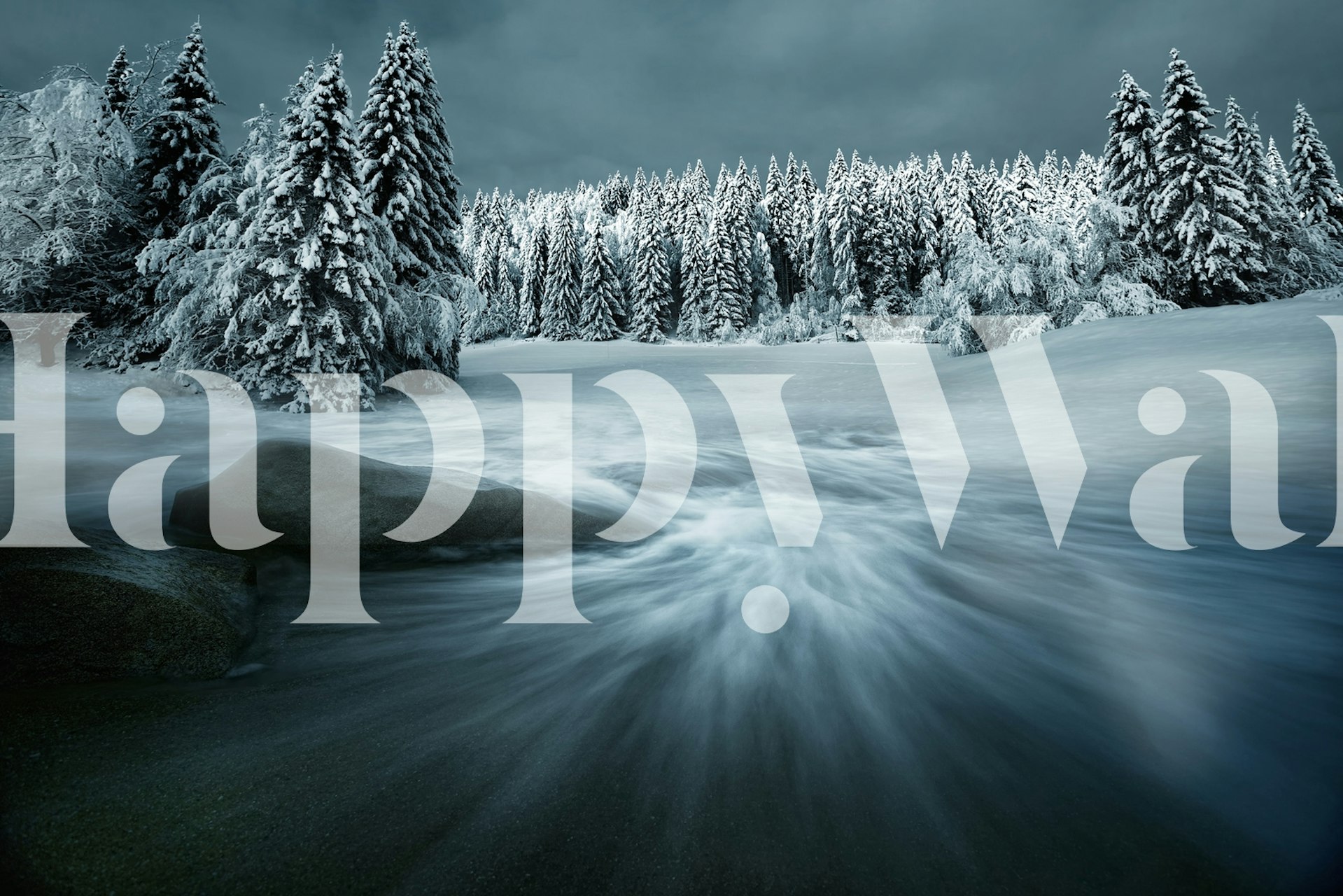 Dreamy wallpaper with snowy trees and stream