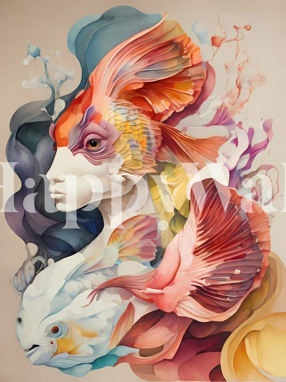 Fish Woman 1 tapetti esiteltynä huoneessa