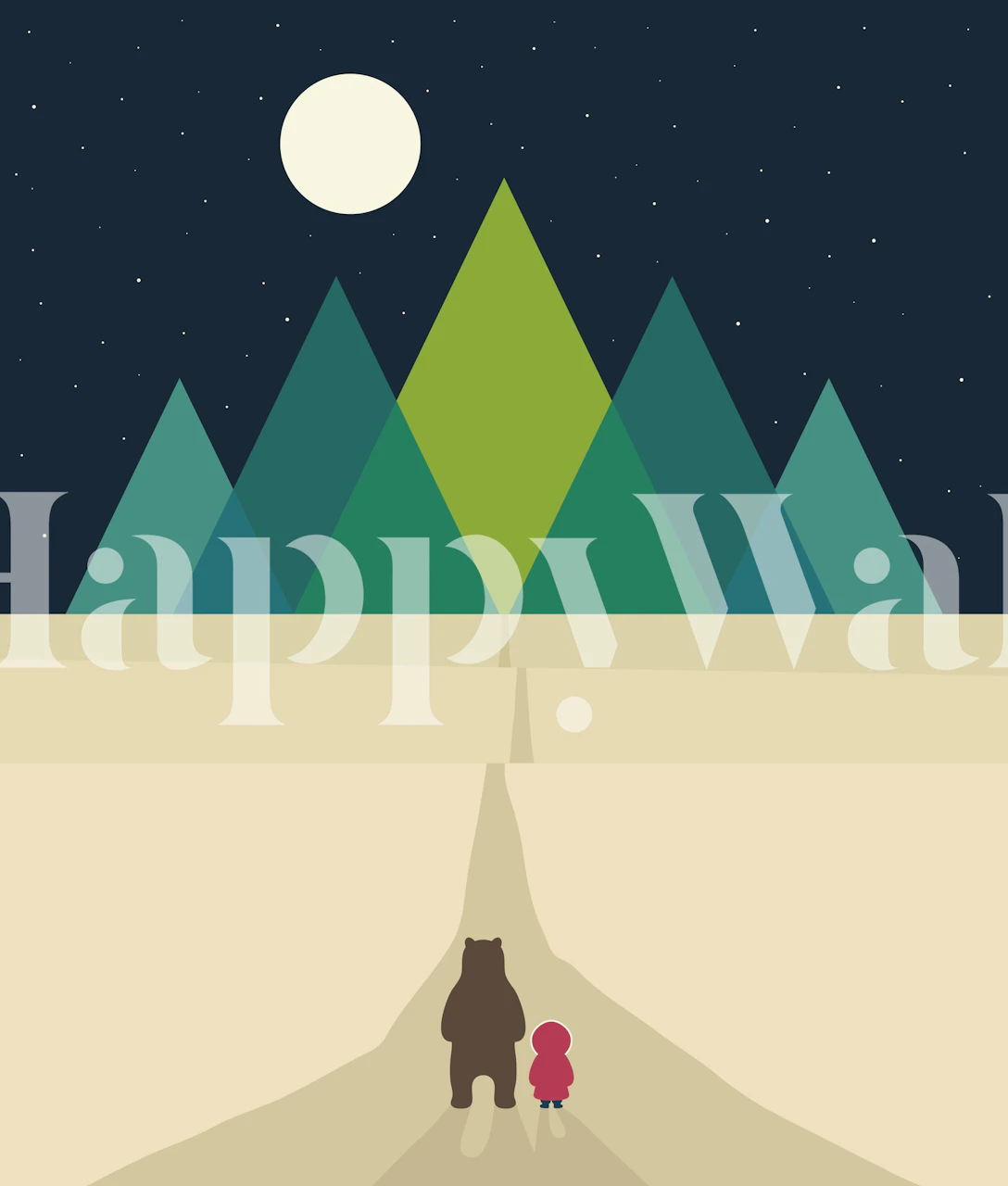 Bear and girl walking on a path under the moonlight with trees.