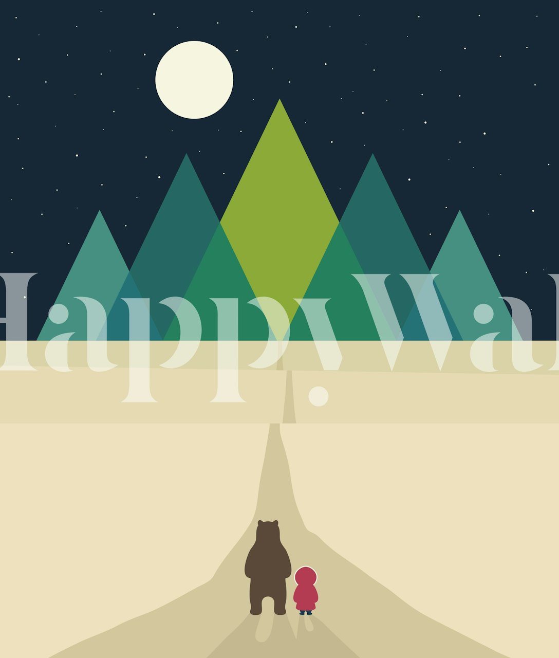 Bear and girl walking on a path under the moonlight with trees.