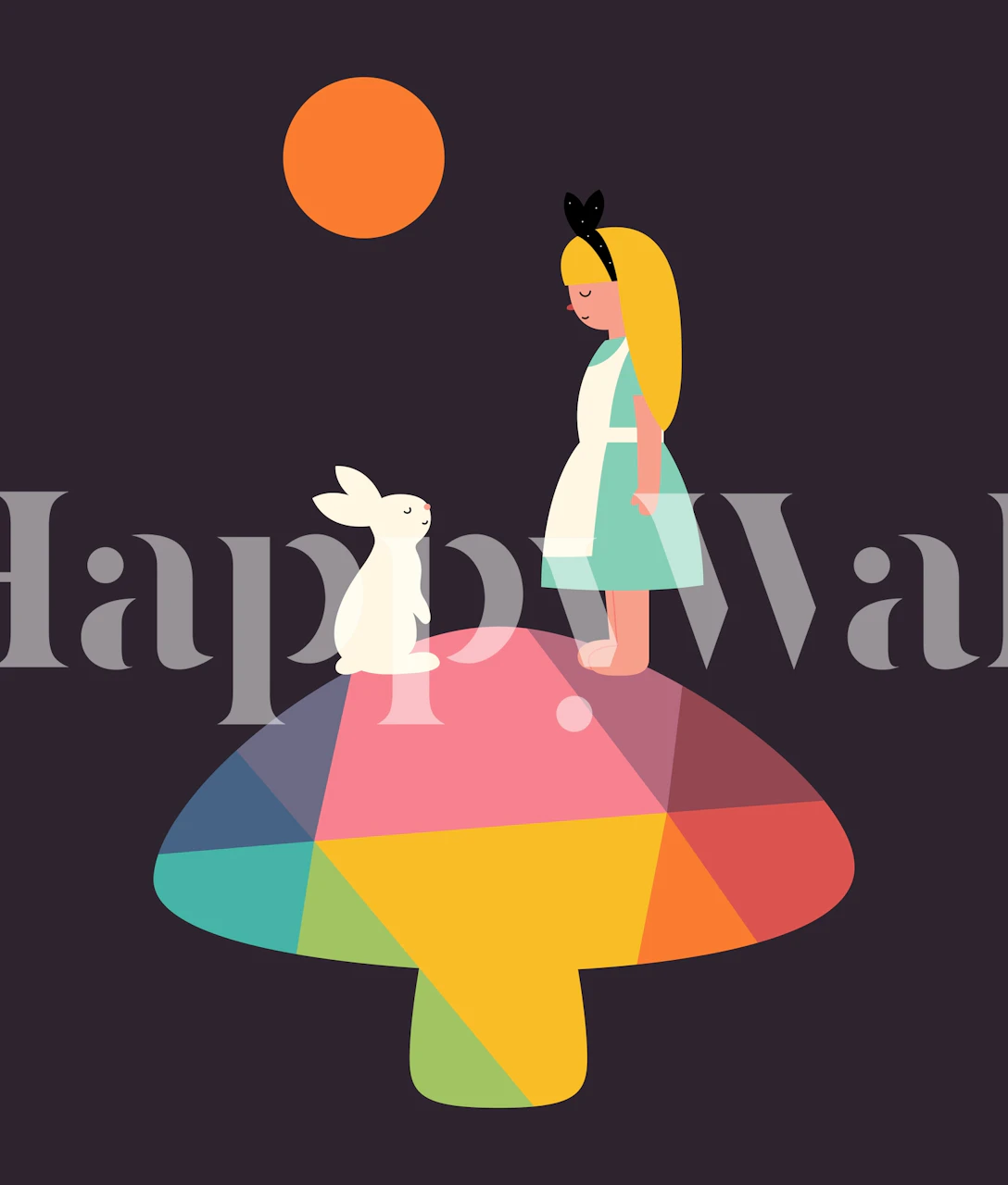 Colorful mushroom with a girl and rabbit on top - whimsical style wallpaper