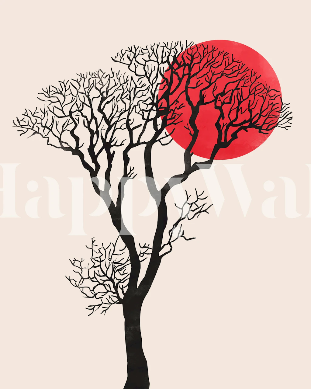 Black tree silhouette with red sun against pale background wallpaper