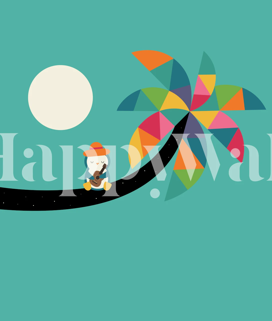 Colorful palm tree with a sun on teal background wallpaper