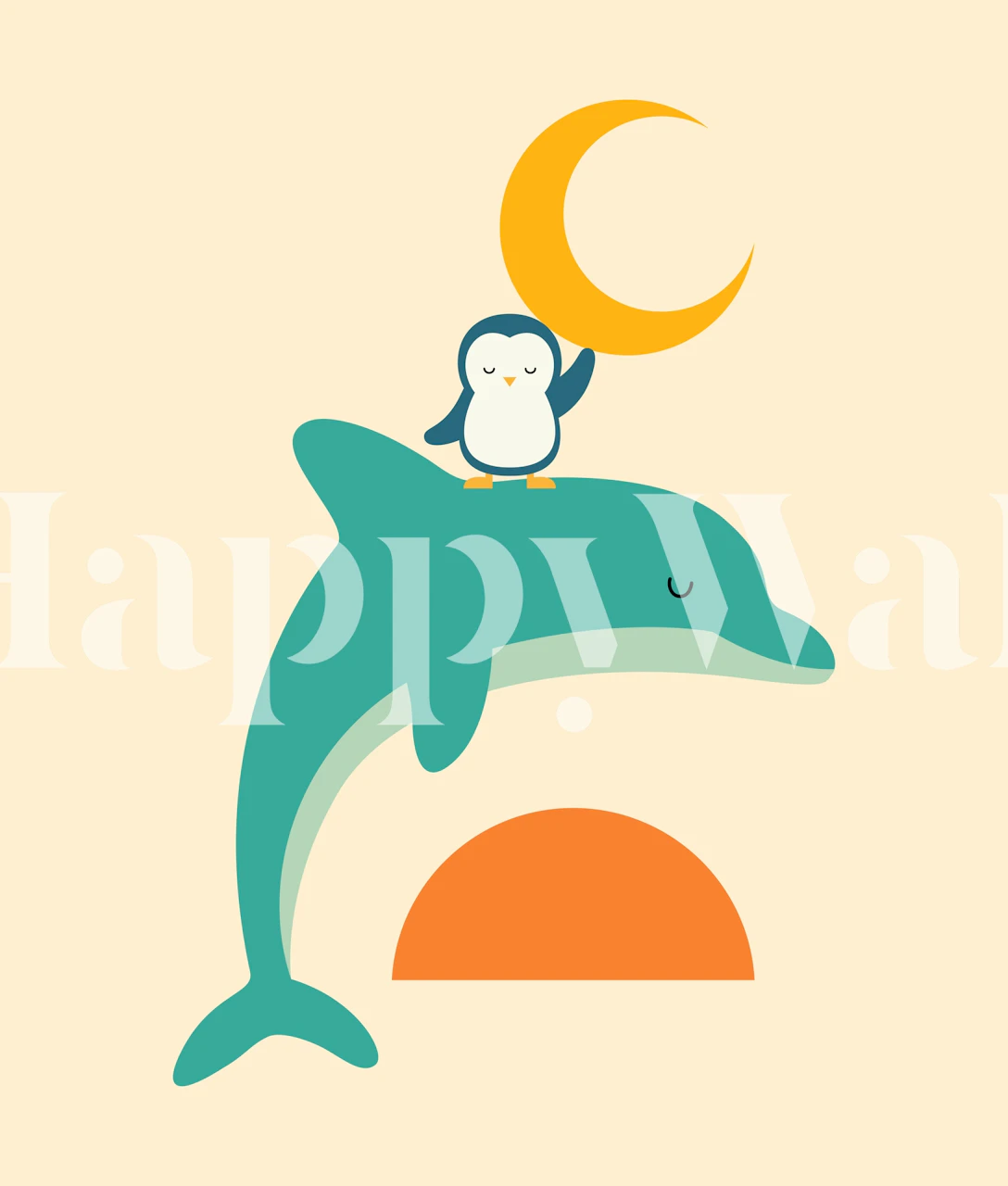 Dolphin and penguin illustration with sun and moon elements wallpaper