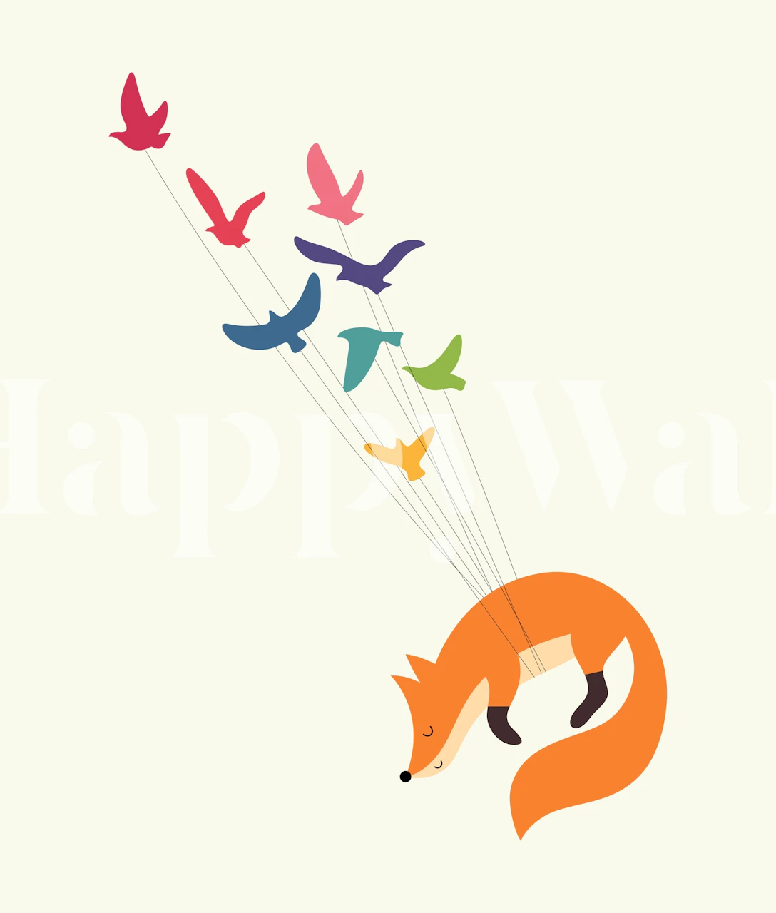 Illustration of a fox being carried away by colorful birds wall mural
