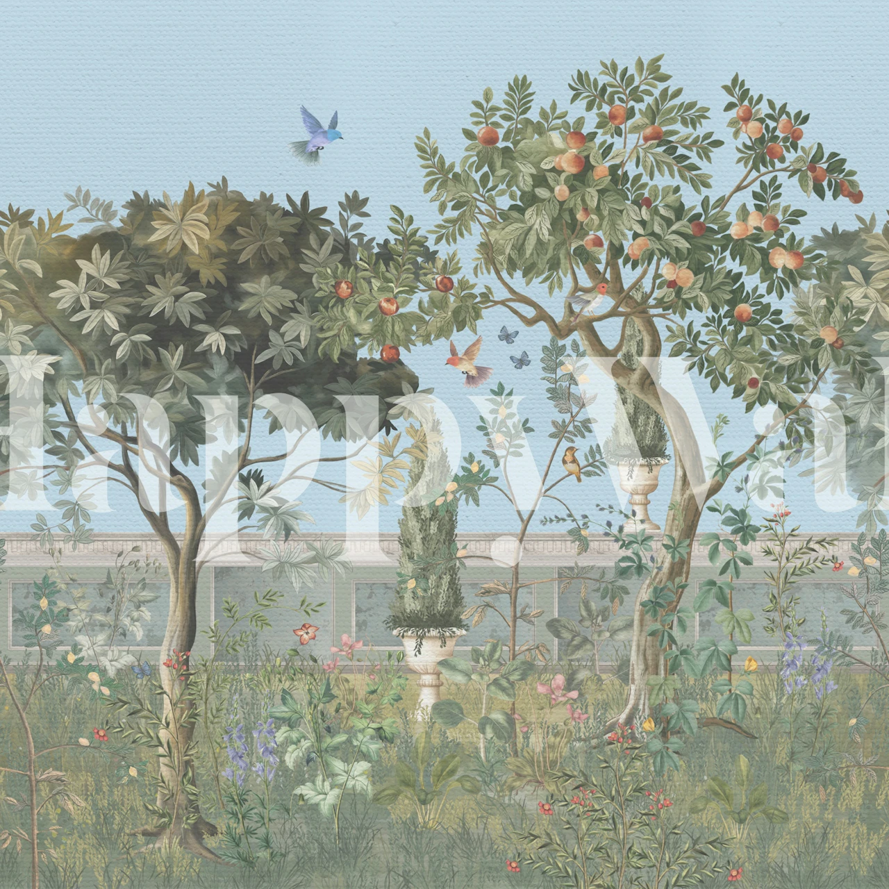 Orange trees with blooms and green foliage wall mural