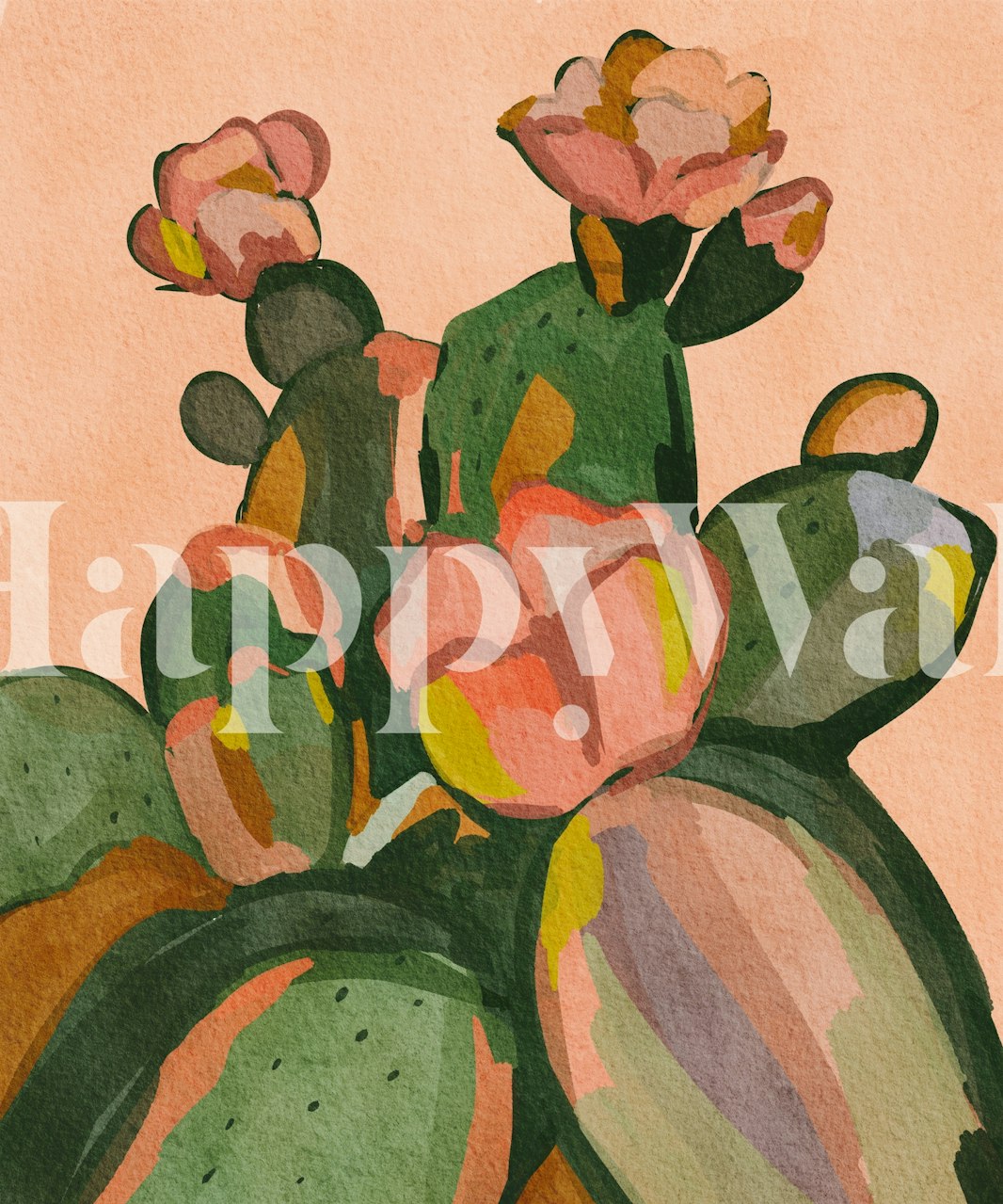 Colorful cactus with flowers on peach background wallpaper