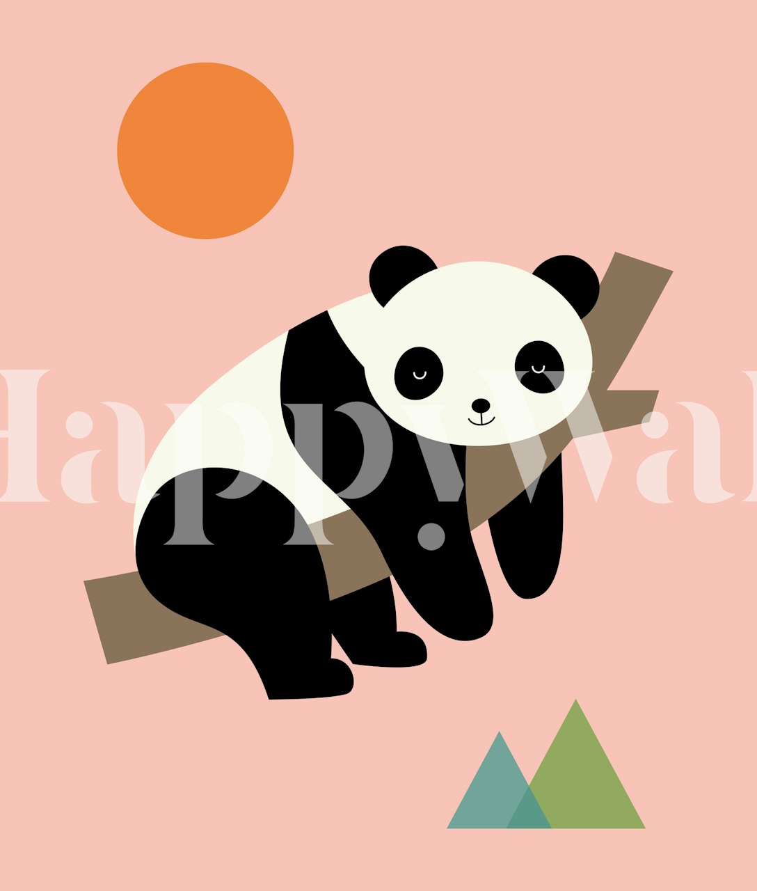 Illustration of a panda on a branch with a pink background, sun, and geometric shapes