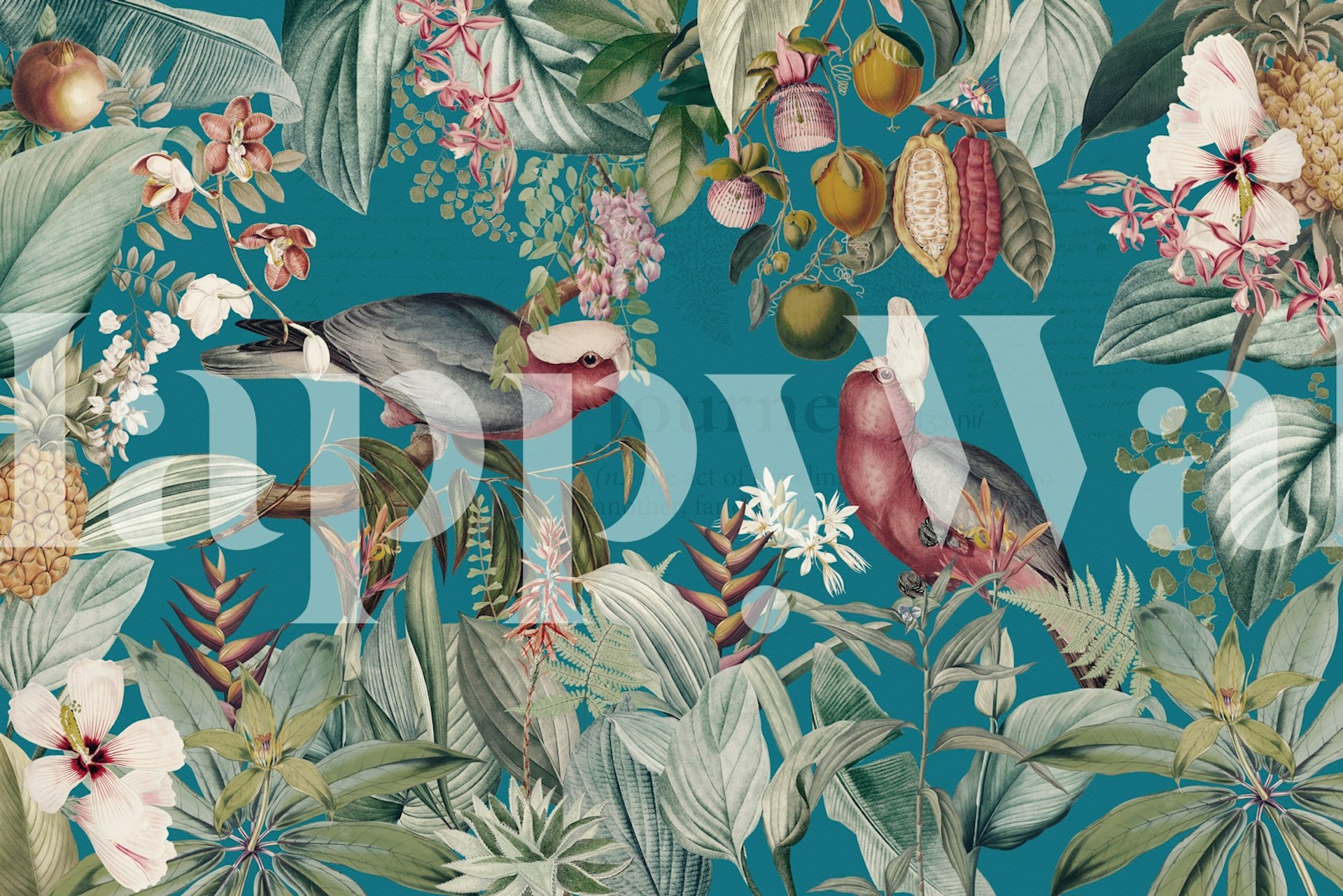 Vibrant teal cockatoos vintage rainforest ταπετσαρία