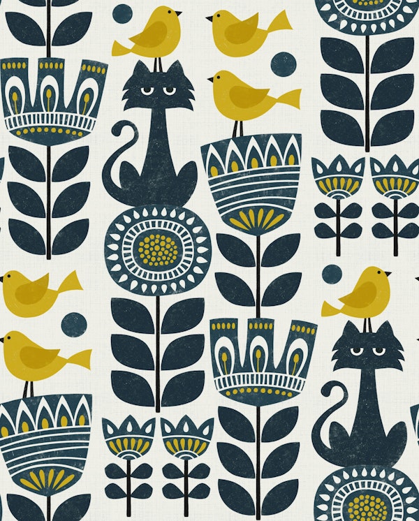 Scandinavian cat, birds and flowers