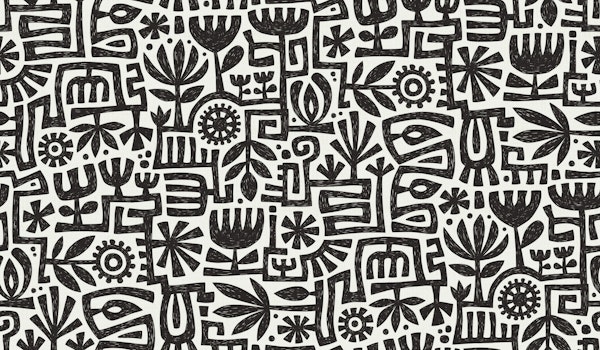 garden maze block print - black and white